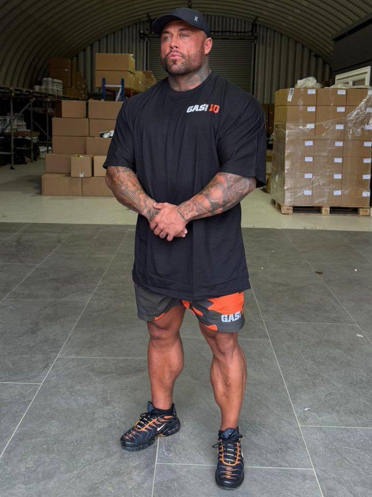 GASMARK10 Black and Orange Oversize T Shirt & Shorts